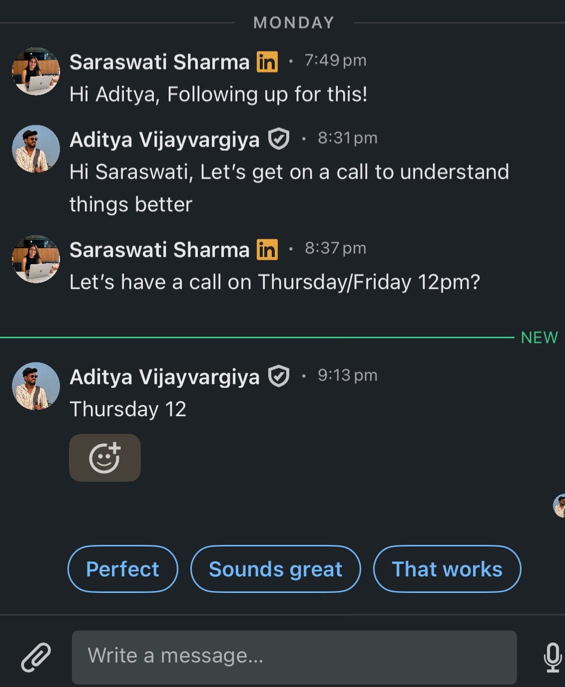 LinkedIn conversation with Aditya agreeing to a Thursday call