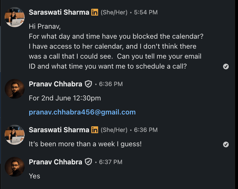 LinkedIn conversation with Pranav scheduling a call and sharing his email