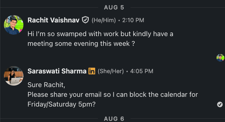 LinkedIn conversation with Rachit arranging an evening call this week