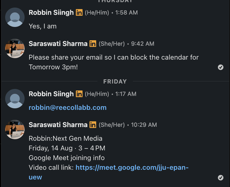 LinkedIn conversation with Robbin booking a Friday 3pm client meeting