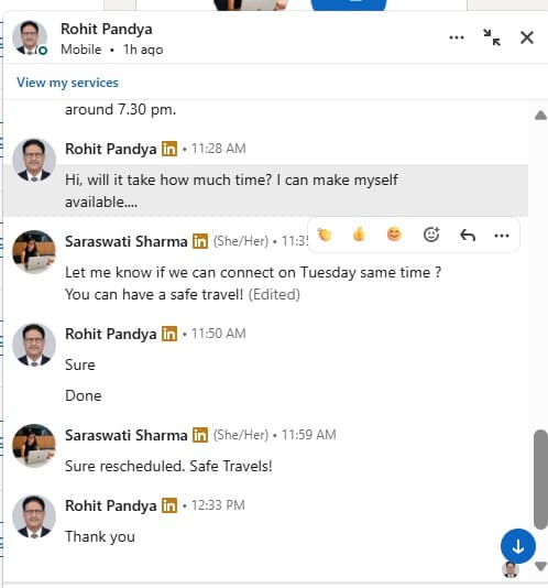 LinkedIn conversation with Rohit rescheduling a call smoothly