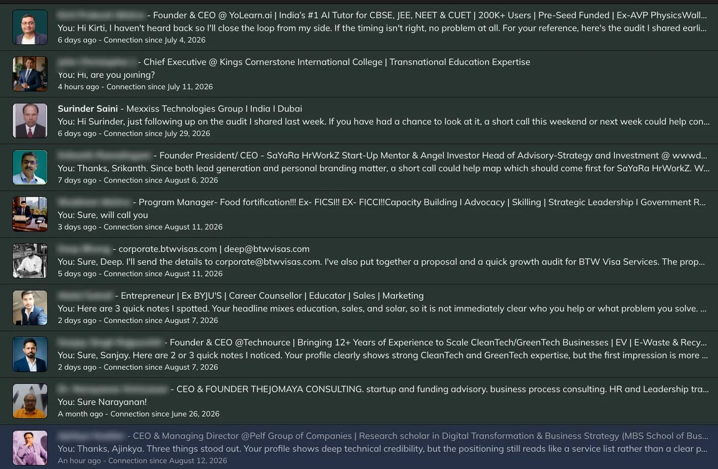 LinkedIn conversation list showing active outreach threads with education and learning leaders