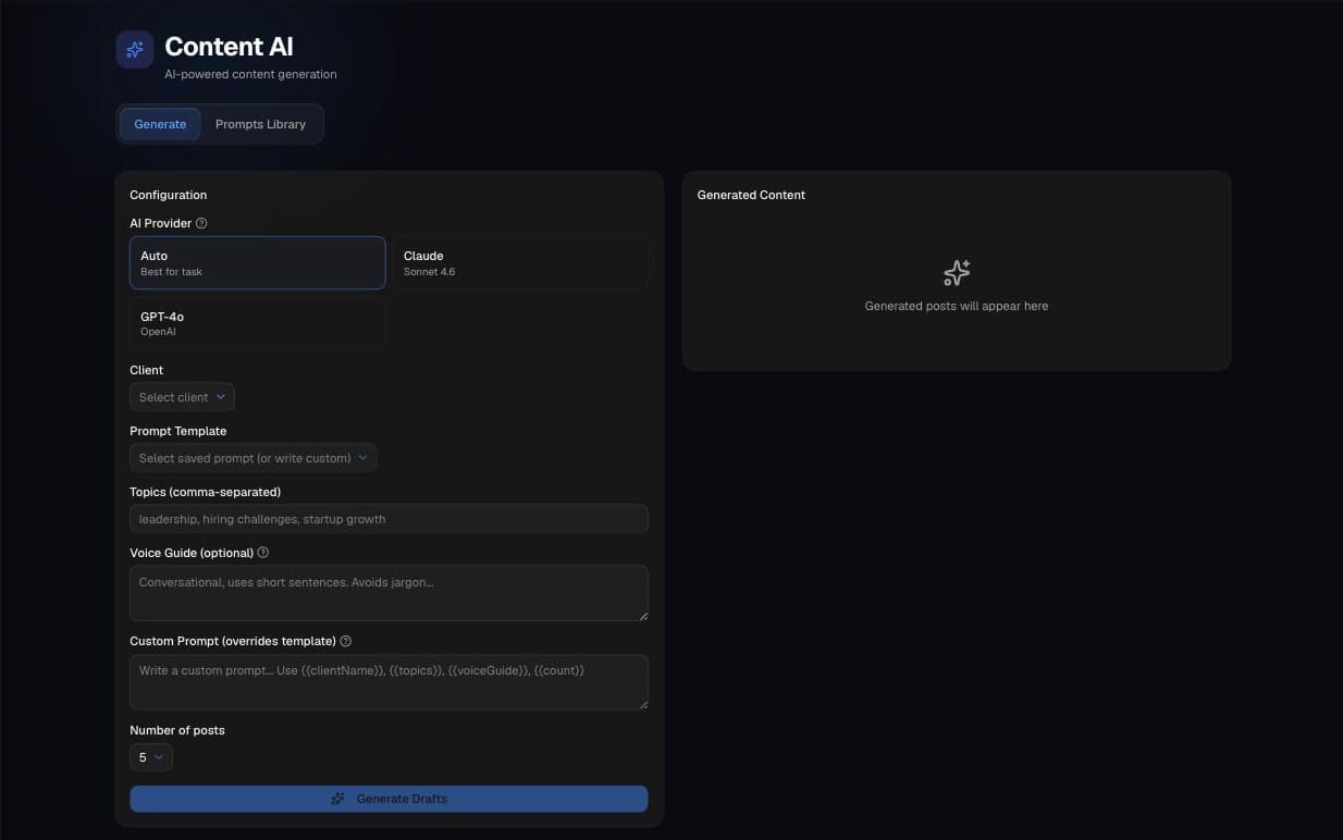 Anonymized content generation workspace screenshot