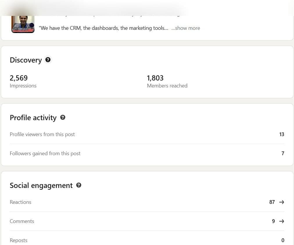 Anonymized LinkedIn post analytics screenshot showing 2,569 impressions and 1,803 members reached for a founder and operator commentary voice